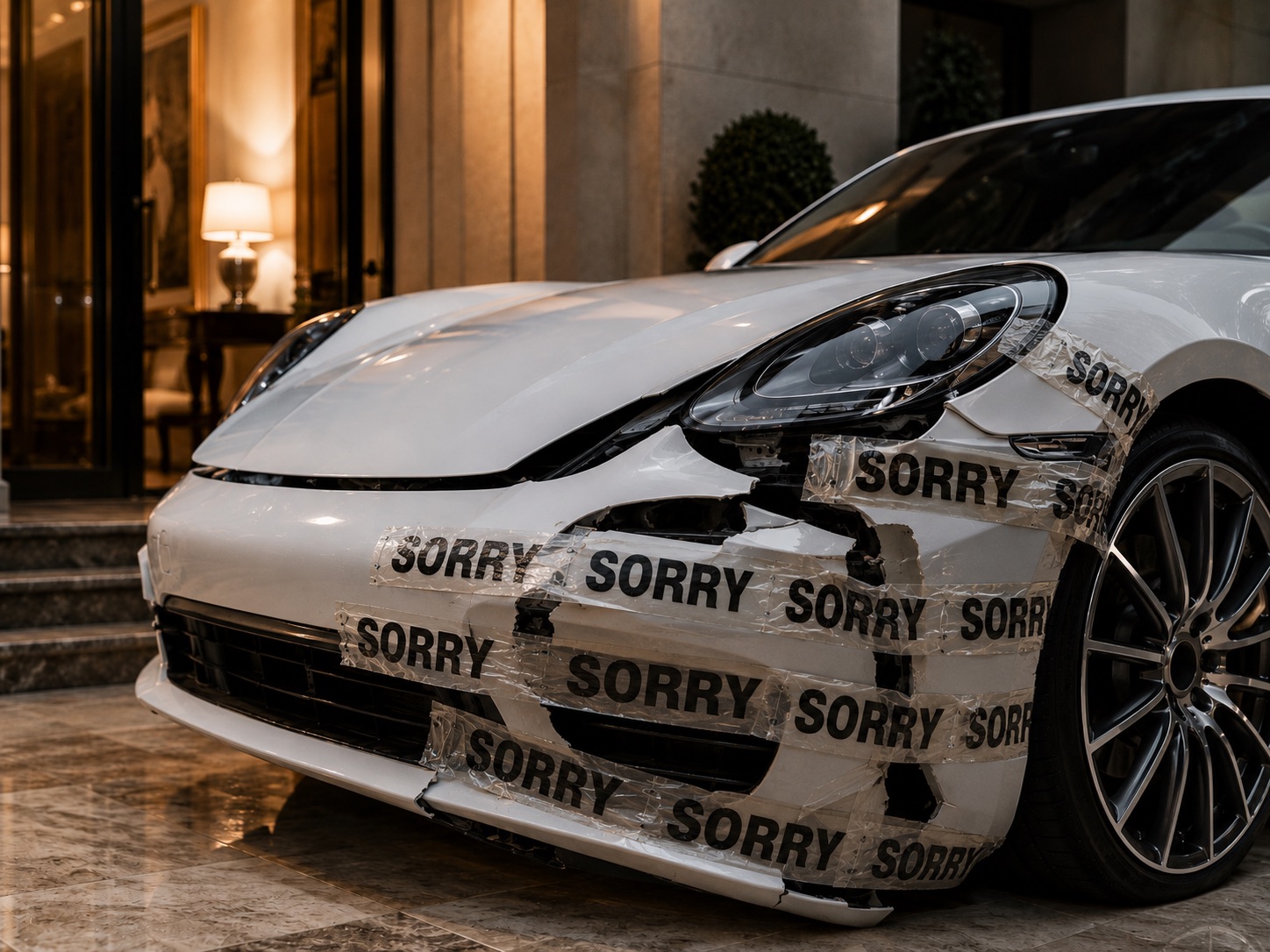 A car bumper repaired with Sorry Tape.