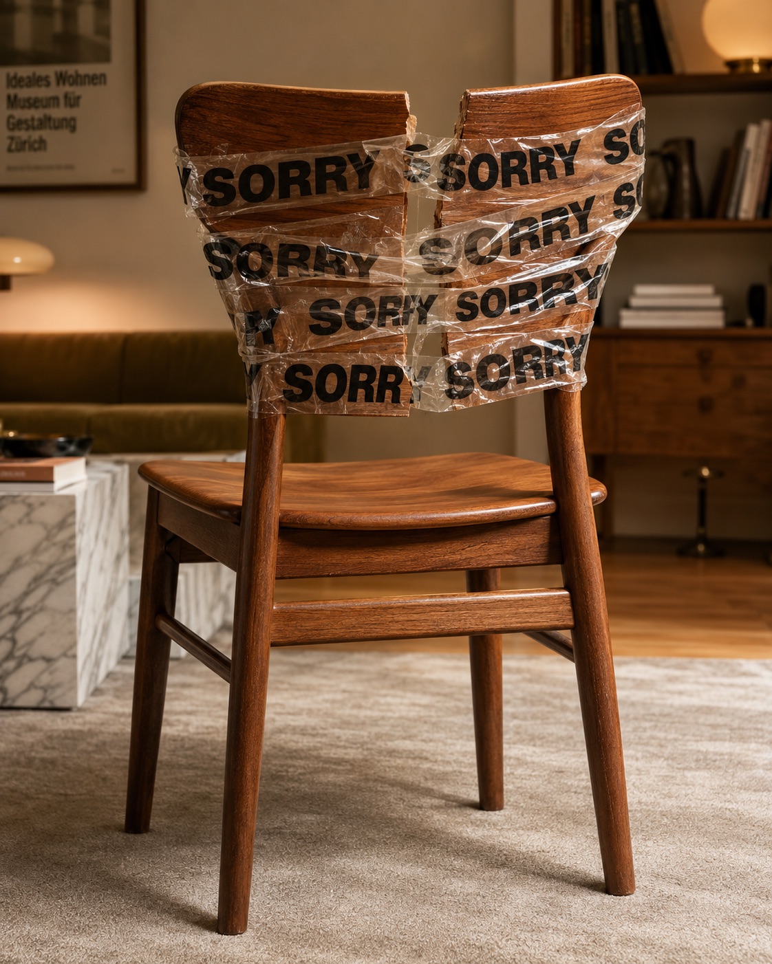 A wooden chair with its back split in two, taped together with Sorry Tape.