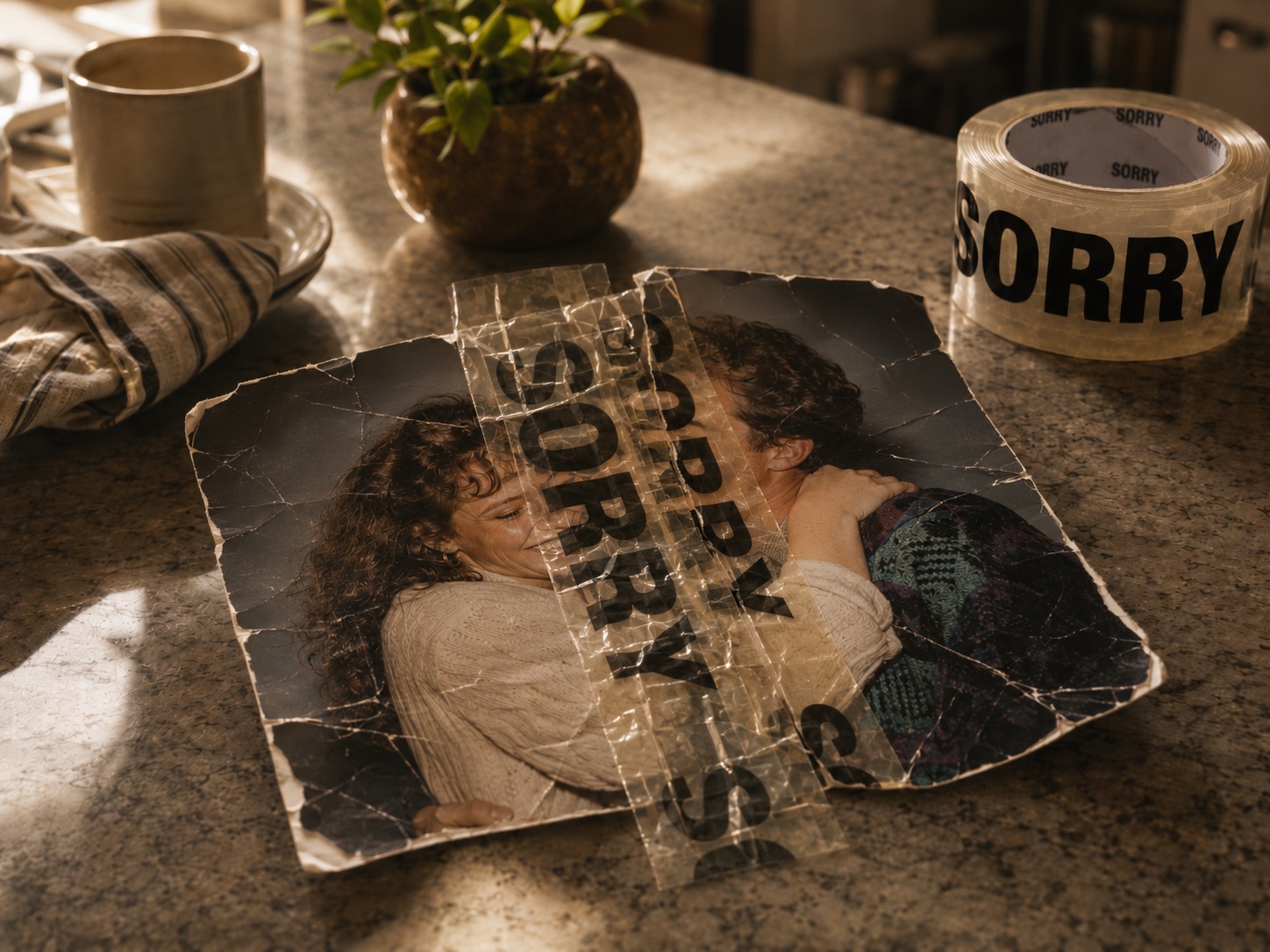 A photograph of a laughing couple, mended down the middle with a strip of Sorry Tape.