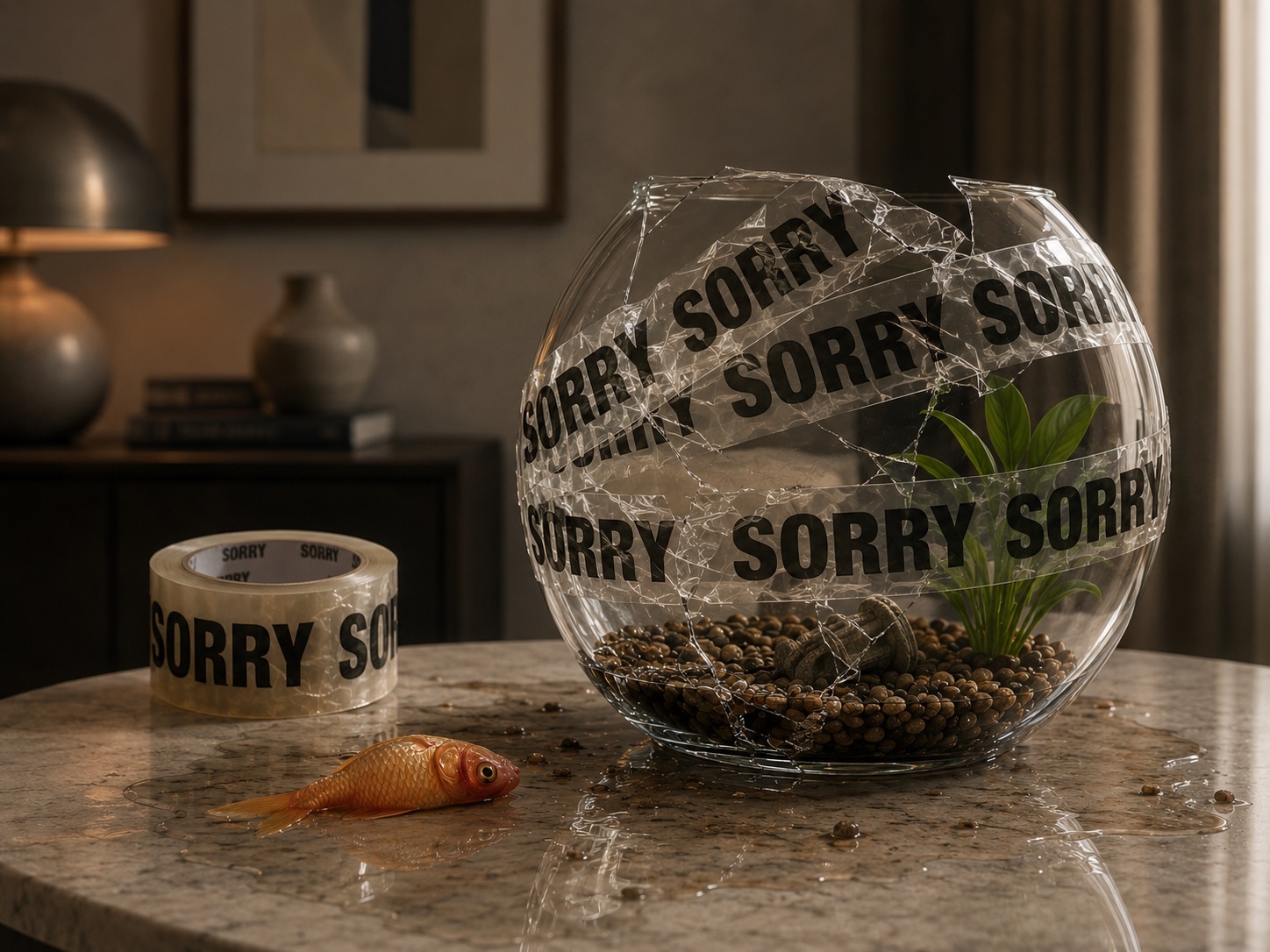 A broken fishbowl bound with Sorry Tape, beside a goldfish.