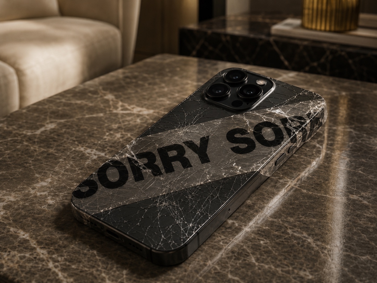 A shattered telephone wrapped in repeated layers of Sorry Tape.